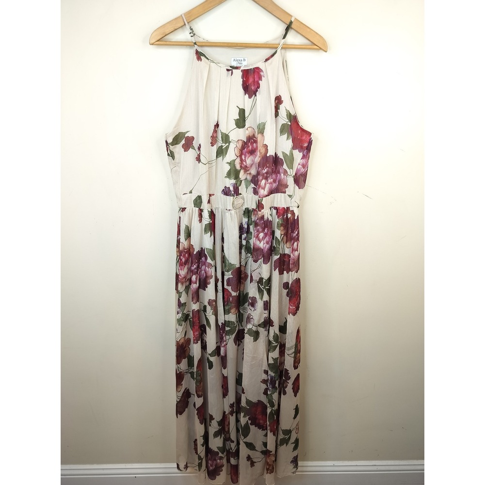 Alexa B Nites Floral Metallic Maxi Dress 14 Rhinestone Buckle Formal Sleeveless